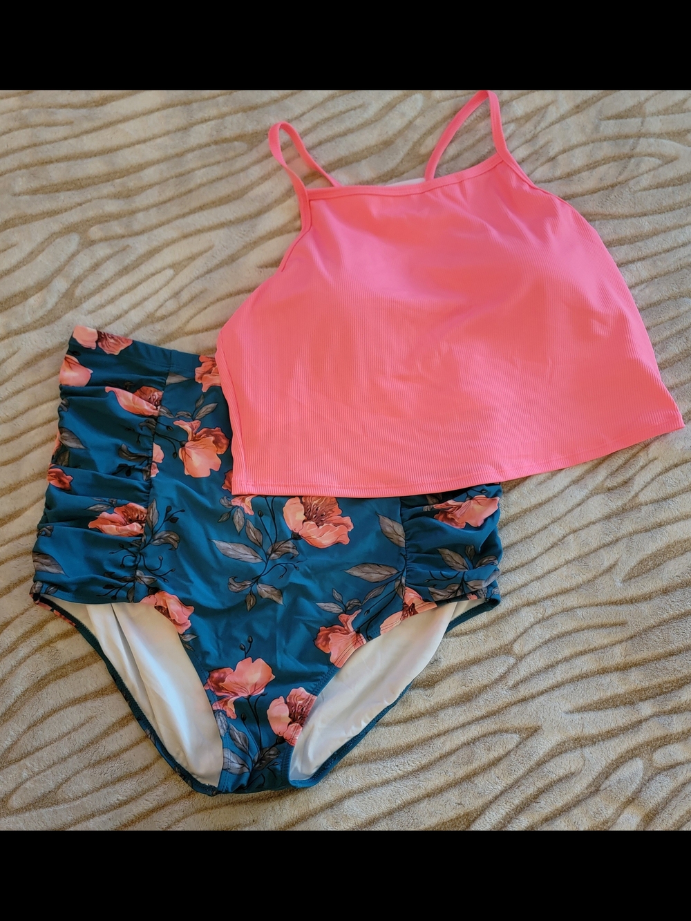 Coral Reef Pink Tankini Top with Teal Floral High-Waist Bottoms